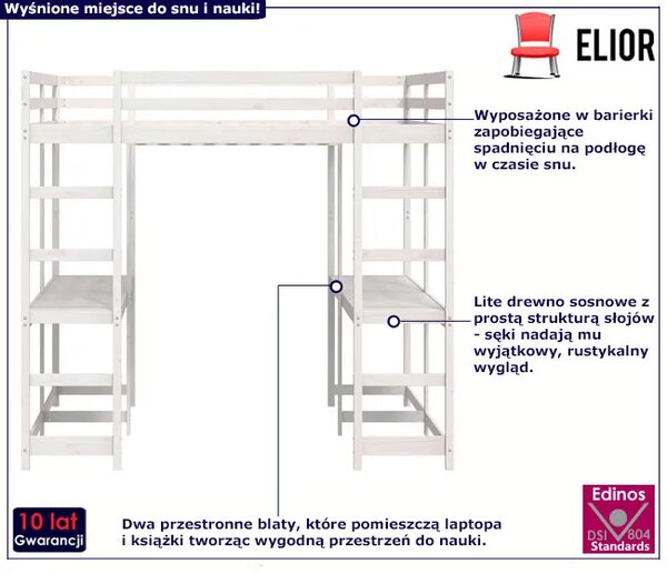 Białe łóżko na antresoli z podwójnym biurkiem 140x200 E0-K86