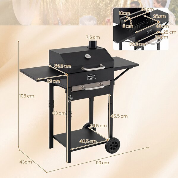 Grill węglowy z 2 bocznymi półkami