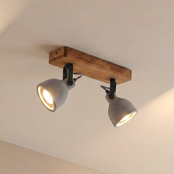 Spot Lindby Mitis, 30 cm, 2-punktowa, szary, drewno, beton, GU10 Mitis Lindby, możliwość ściemniania, ciemne drewno, salon / jadalnia, beton, industrialny
