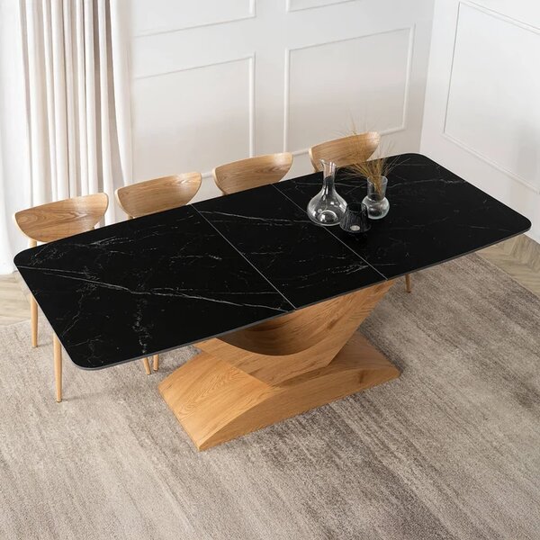 Zestaw Stół Rozkładany Ceramiczny ALICANTE 160-200 cm Czarny/Dąb i 4 Krzesła BRAGA Krem/Dąb