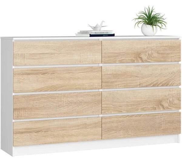 Komoda do sypialni, 8 szuflad, STILO, 160x40x99 cm, biel, dąb sonoma, mat | TYLETEGOTU