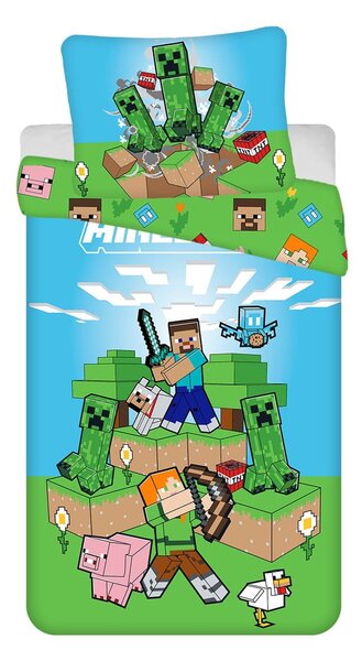 Zielono-niebieska bawełniana pościel dziecięca jednoosobowa 140x200 cm Minecraft "Outdoor Mobs" – Jerry Fabrics