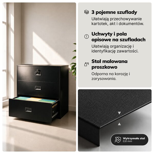 Szafa kartotekowa metalowa z 3 szufladami czarna, 900x1020x600 mm: SARA XL V3