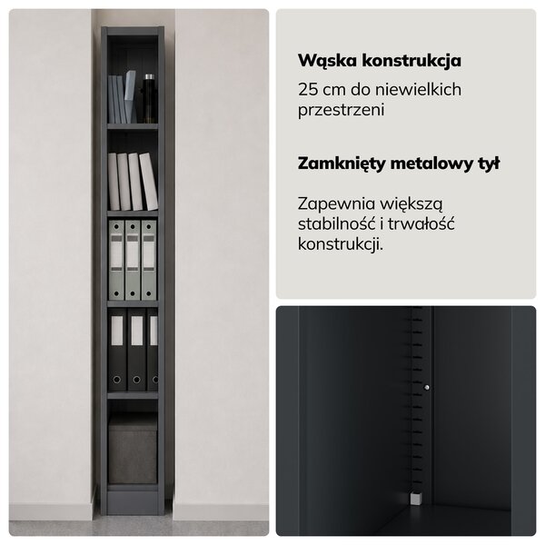 Regał metalowy wąski, archiwizacyjny na dokumenty antracytowy, 250x1850x400 mm: TIM