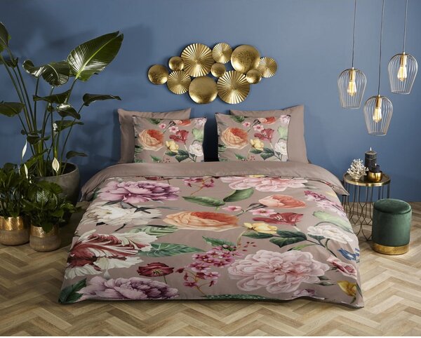 Szaro-brązowa pościel dwuosobowa z satyny bawełnianej 240x220 cm Fiori – Descanso