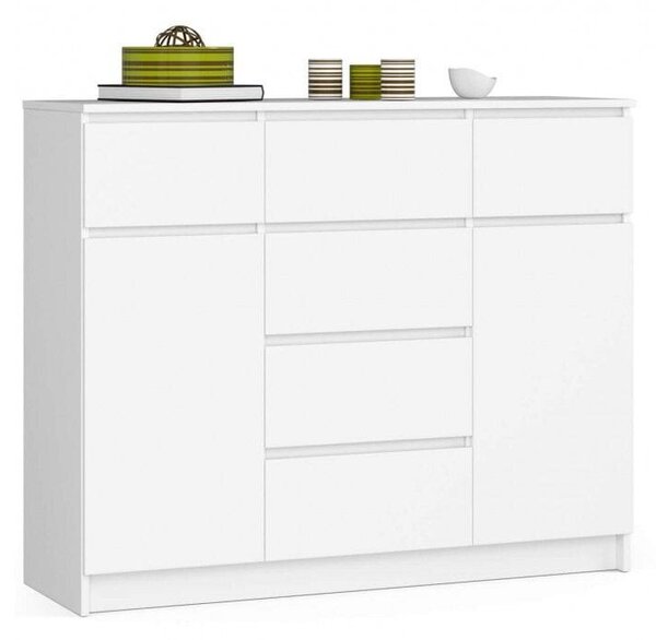 Komoda do sypialni, 6 szuflad, 2 drzwi, PLENO, 120x40x99 cm, biel, mat | TYLETEGOTU