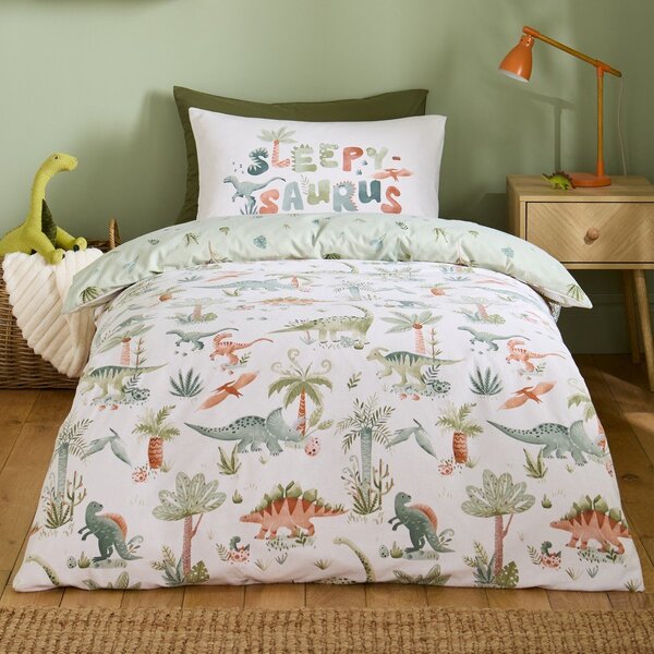 Kremowa flanelowa pościel dziecięca jednoosobowa 135x200 cm Brushed Sleepy Saurus Dino – Catherine Lansfield