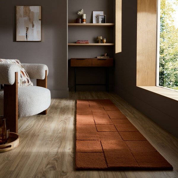 Wełniany chodnik tkany ręcznie w kolorze terakoty 60x230 cm Checkerboard – Flair Rugs