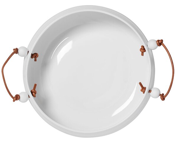 Biała porcelanowa miska ze skórzaną rączką
