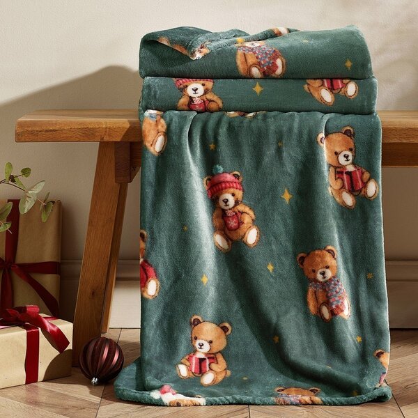 Ciemnozielony koc ze świątecznym motywem 170x130 cm Christmas Tartan Teddy Bear – Catherine Lansfield