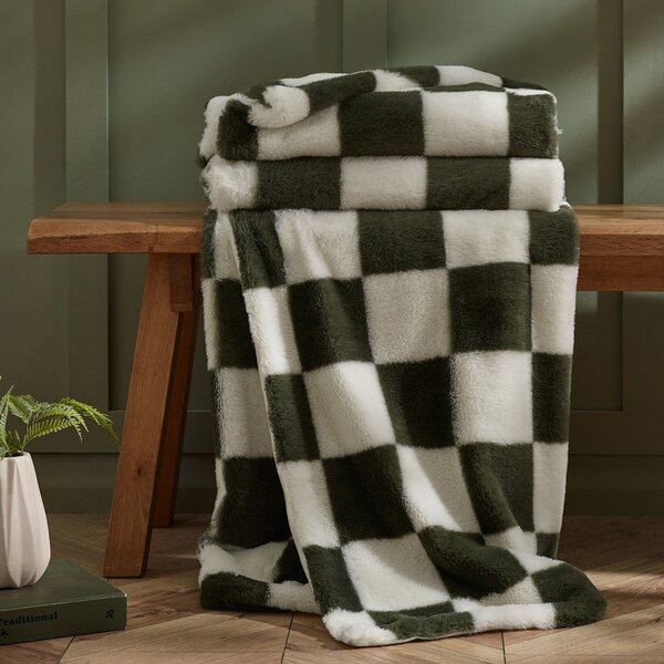 Biały/zielony koc 130x170 cm Cosy Soft Checkerboard – Catherine Lansfield