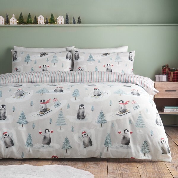 Flanelowa pościel jednoosobowa w naturalnym kolorze 135x200 cm Brushed Christmas Penguins – Catherine Lansfield