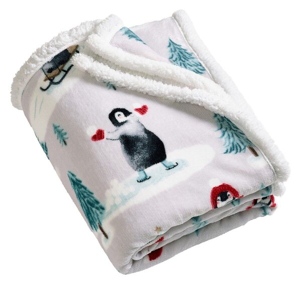Biały koc ze świątecznym motywem 170x130 cm Christmas Sherpa Penguins – Catherine Lansfield