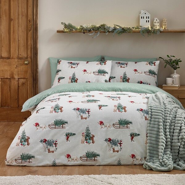 Zielona/w naturalnym kolorze flanelowa pościel dwuosobowa 200x200 cm Brushed Christmas Dogs – Catherine Lansfield