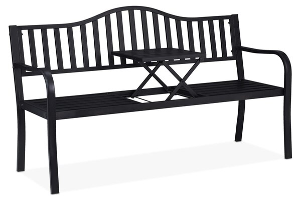 Ławka ogrodowa Relaxdays ze składanym stolikiem, 3-osobowa, stabilna, ogrodowa, metalowa ławka balkonowa, wymiary 89 x 150 x 58,5 cm, czarna