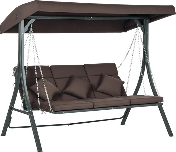 Huśtawka ogrodowa Outsunny 3-osobowa, ławka z regulowanym dachem, huśtawka ogrodowa z poduszkami, nośność do 270 kg, metalowa, Textelina, brązowa, 198 x 118 x 168 cm