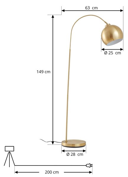 Łukowa lampa podłogowa Lindby Moisia, kolor mosiądz, metal, 148 cm Moisia, mosiężny / złoty, salon / jadalnia, metal, nowoczesny