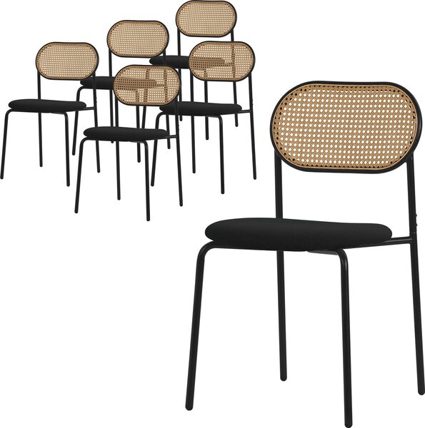 ML-Design zestaw 6 krzeseł do jadalni, czarne, krzesło kuchenne z rattanowym oparciem Krzesła tapicerowane z zakrzywionym oparciem z siatki Krzesło rattanowe z metalowymi nogami
