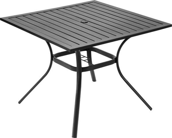 SucceBuy Kwadratowy stół tarasowy (94 x 94 cm) wykonany z wytrzymałej stali węglowej do ogrodu, balkonu i patio, odporny na warunki atmosferyczne, z otworem na parasol, nośność do 68 kg, kolor czarny