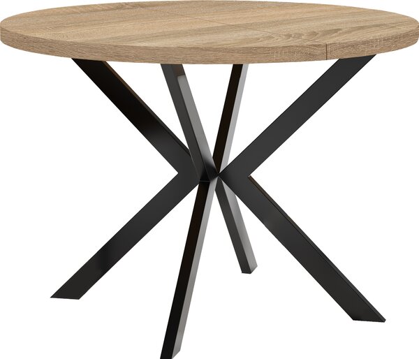 Okrągły stół jadalny, rozkładany, model ENDIK, średnica: 110/160 cm, z metalowymi nogami, styl loft, industrialny, kolor: dąb sonoma / czarny