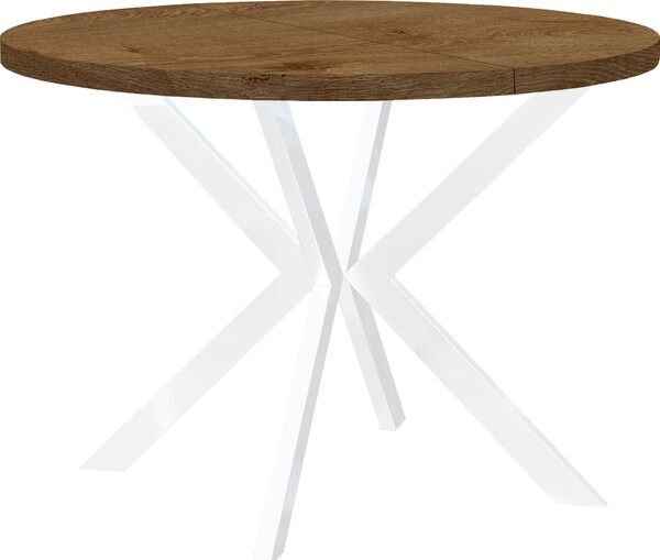Okrągły rozkładany stół do jadalni, ENDIK, z metalowymi nogami, styl loft, industrialny, średnica: 100 / 150 cm, kolor: dąb Lefkas / biały