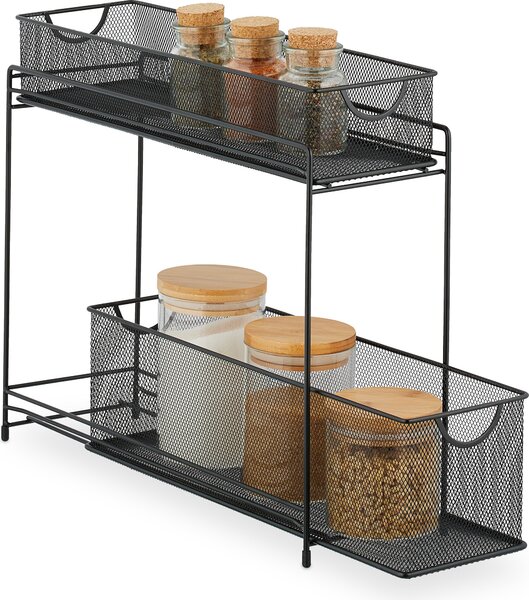 Relaxdays – organizer do szafki kuchennej, wysuwana półka do szafki dolnej, 2 szuflady, metal, wymiary (szer. x gł. x wys.): 40 x 15 x 46 cm, czarny