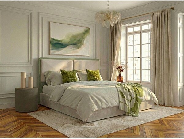 Beżowe tapicerowane łóżko dwuosobowe ze schowkiem ze stelażem 180x200 cm Mara – Bobochic Paris