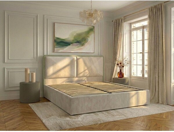 Beżowe tapicerowane łóżko dwuosobowe ze schowkiem ze stelażem 180x200 cm Mara – Bobochic Paris