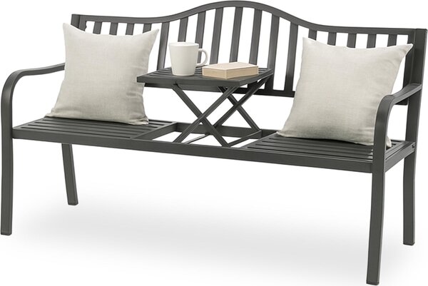 Ławka ogrodowa Relaxdays ze składanym stolikiem, 3-osobowa, stalowa, wymiary: wys. x szer. x gł.: 90 x 150 x 57,5 cm, kolor antracytowy