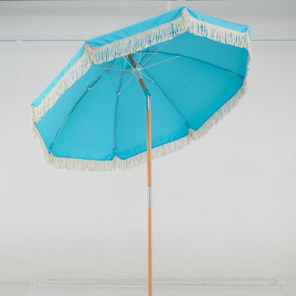 Parasol KOMFOTTEU Boho, parasol plażowy o średnicy 180 cm z frędzlami, automatycznym przyciskiem otwierającym i środkowym drążkiem z drewna bukowego, z możliwością pochylania o 30° w obie strony, parasol tarasowy do ogrodu, balkonu i tarasu