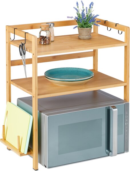 Półka na kuchenkę mikrofalową Relaxdays, wys. x szer. x gł.: 67 x 61 x 35 cm, bambus, 2 poziomy, uchwyty do desek, 4 haczyki, stojąca półka kuchenna, kolor naturalny