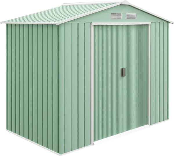 Domek narzędziowy Outsunny 2,5 m² z dachem dwuspadowym, drzwiami przesuwnymi, fundamentem, 213 x 130 x 185 cm, ocynkowany, stalowy, odporny na warunki atmosferyczne, do ogrodu, zielony