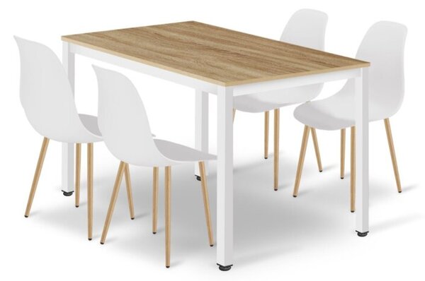 Zestaw Stół TESSA 120cm x 60cm - dąb / białe nogi + 4 krzesła WAT białe / nogi naturalne