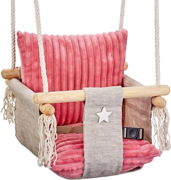 Love Gifts® Drewniana huśtawka dla niemowląt, wysokiej jakości i odpowiednia jako huśtawka wewnętrzna, może być montowana na suficie i na framudze drzwi, różowa, EU