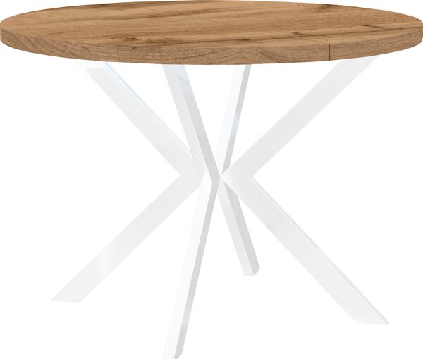 Okrągły rozkładany stół do jadalni, ENDIK, z metalowymi nogami, styl loft, industrialny, średnica: 90 / 140 cm, kolor: dąb Wotan / biały