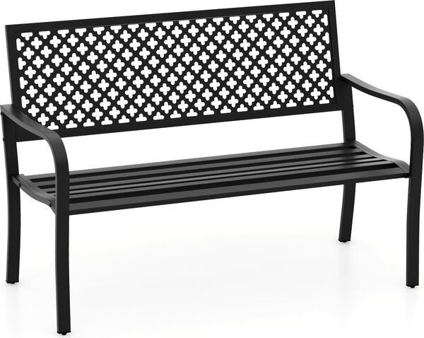 KOMFOTTEU ławka ogrodowa metalowa, ławka z podłokietnikami, ławka parkowa dla 2-3 osób do 300 kg ładowności, ławka metalowa na patio na podwórko, do parku, na taras, 127 x 62 x 86 cm (czarna)