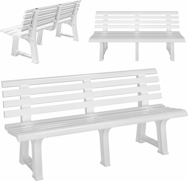 CASARIA Ławka ogrodowa, odporna na warunki atmosferyczne, z tworzywa sztucznego, nośność 240 kg, oparcie, 3 nóżki, 145 x 46 cm, ławka ogrodowa, balkonowa, tarasowa, ergonomiczna, biała