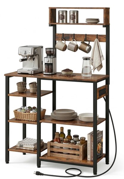 Półka kuchenna Relaxdays z gniazdkiem elektrycznym i portem USB, wymiary: 151 x 82 x 40 cm, półka pod kuchenkę mikrofalową, imitacja drewna, otwarta, metalowa, brązowo-czarna