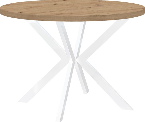 Okrągły rozkładany stół do jadalni, ENDIK, z metalowymi nogami, styl loft, industrialny, średnica: 120/220 cm, kolor: dąb Artisan / biały
