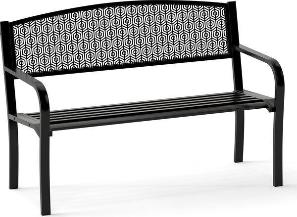 Metalowa ławka ogrodowa, ławka parkowa dla 2-3 osób, wygodne podłokietniki i zakrzywione siedzisko, z dekoracyjnym wzorem na oparciu, 128 x 60 x 86 cm, czarna