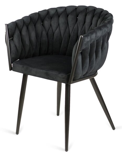 Krzesło kubełkowe tapicerowane plecione LARISSA czarne welurowe, czarne nogi