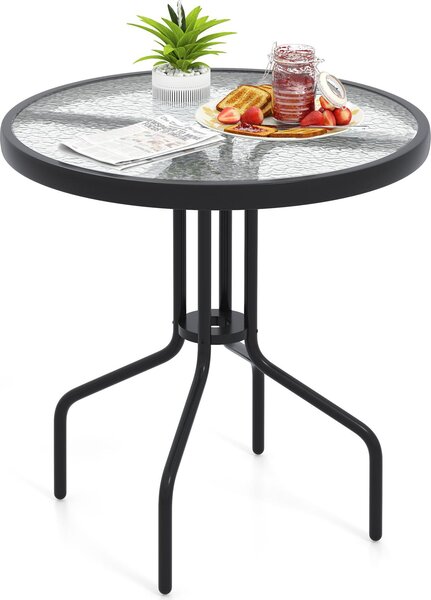 Stół patio o średnicy 70 cm, okrągły stół bistro z blatem ze szkła hartowanego, otworem na parasol o średnicy 4 cm i solidnymi metalowymi nogami, stół do jadalni z akcentami