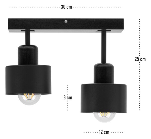 Czarna lampa sufitowa, dwupunktowy spot DSC30x7SC z drewna i metalu E2