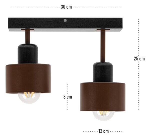 Brązowo-czarna lampa sufitowa, dwupunktowy spot DBR30x7SC z drewna i m