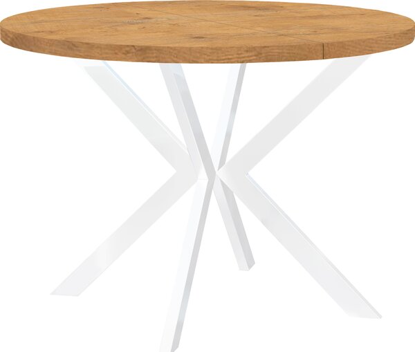 Okrągły rozkładany stół do jadalni, ENDIK, z metalowymi nogami, styl loft, industrialny, średnica: 110 / 160 cm, kolor: dąb Lancelot / biały