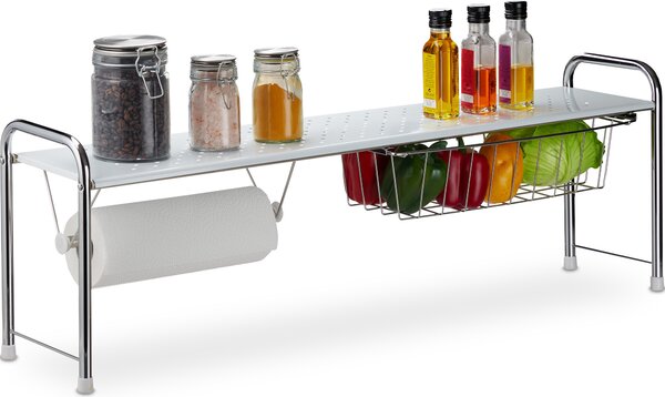 Półka nad zlewem Relaxdays z uchwytem na rolki papieru kuchennego, półka kuchenna z koszem, metalowa, wys. x szer. x gł.: 32 x 94 x 23 cm, biało-srebrna