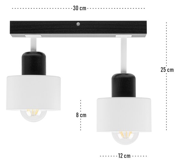 Biało-czarna lampa sufitowa, dwupunktowy spot DWE30x7SC z drewna i met