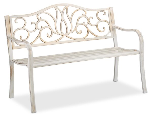 Ławka ogrodowa Relaxdays w stylu antycznym dla 2 osób, na balkon lub taras, metalowa ławka o wymiarach 90 x 127,5 x 63 cm, stal, odlew, kolor biało-brązowy