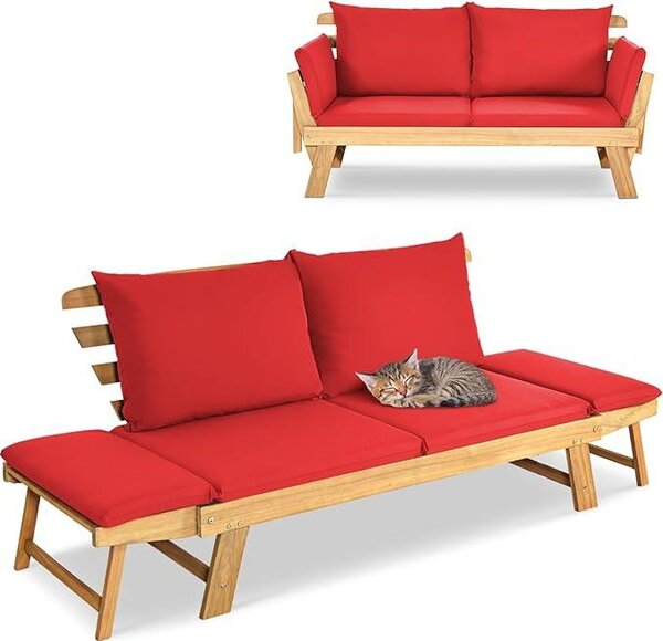 Rozkładana sofa z odchylanymi podłokietnikami, ławka ogrodowa z poduszkami, leżak ogrodowy z drewna akacjowego, ławka wielofunkcyjna, kolor czerwony