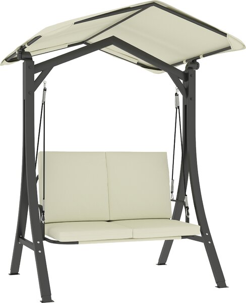 Huśtawka ogrodowa Outsunny z regulowanym daszkiem i siedziskiem, 2-osobowa, udźwig do 220 kg, ławka huśtawka UV 30+ do ogrodu i na taras, 150 x 120 x 182 cm, kremowo-biały